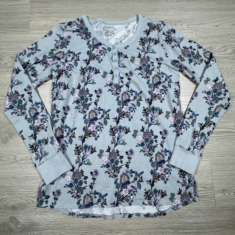 Vera Bradley Women's Henley Top Blue Floral Long Sleeve XS‎ Cotton Blend Button